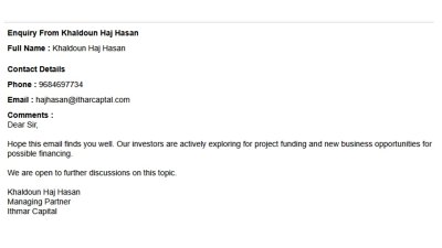 Enquiry From Khaldoun Haj Hasan - hajhasan@itharcaptal.com