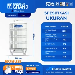 Ukuran Toren Tangki Tandon Stainless 550 Liter