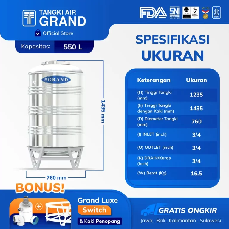 Ukuran Toren Tangki Tandon Stainless 550 Liter