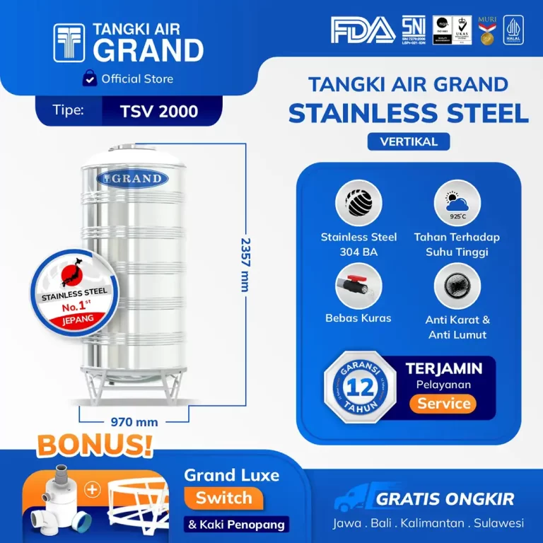 Tangki Tandon Toren Air Stainless Steel Vertikal 1600 Liter