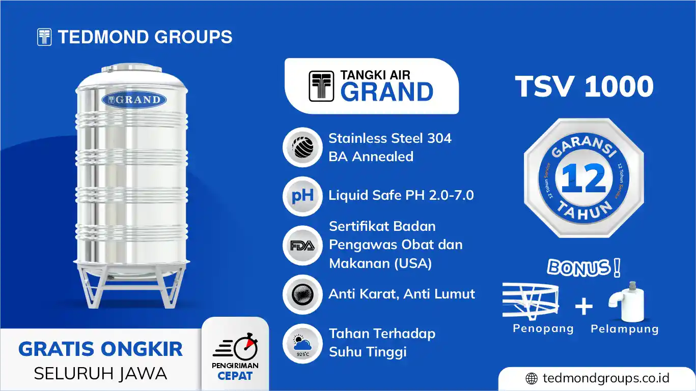 Tandon Tangki Toren Air Stainless Vertikal Grand 1000 Liter
