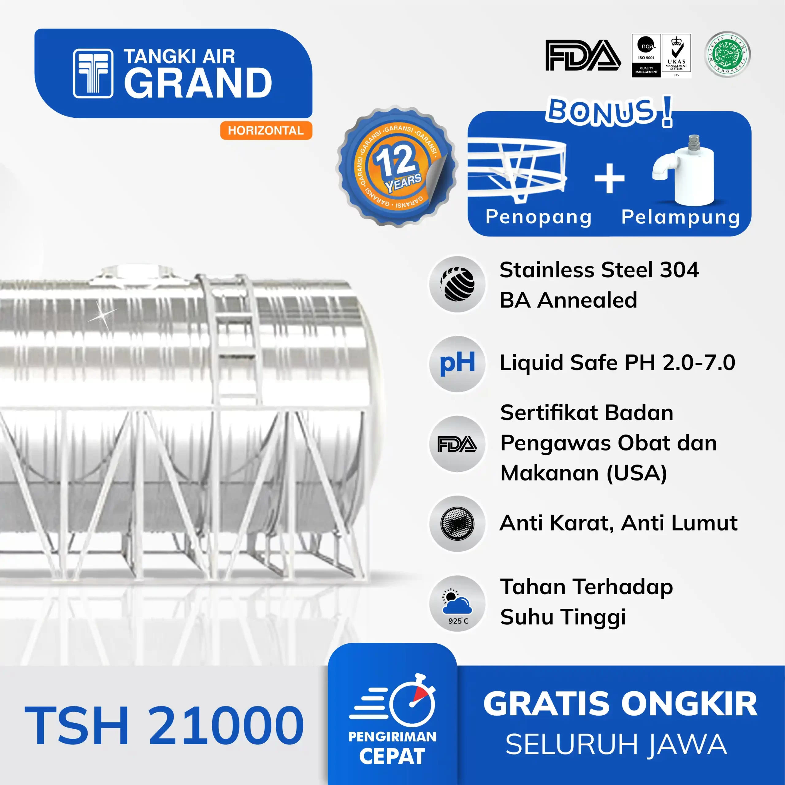 Tandon Tangki Toren Air Stainless Steel Horizontal Grand 