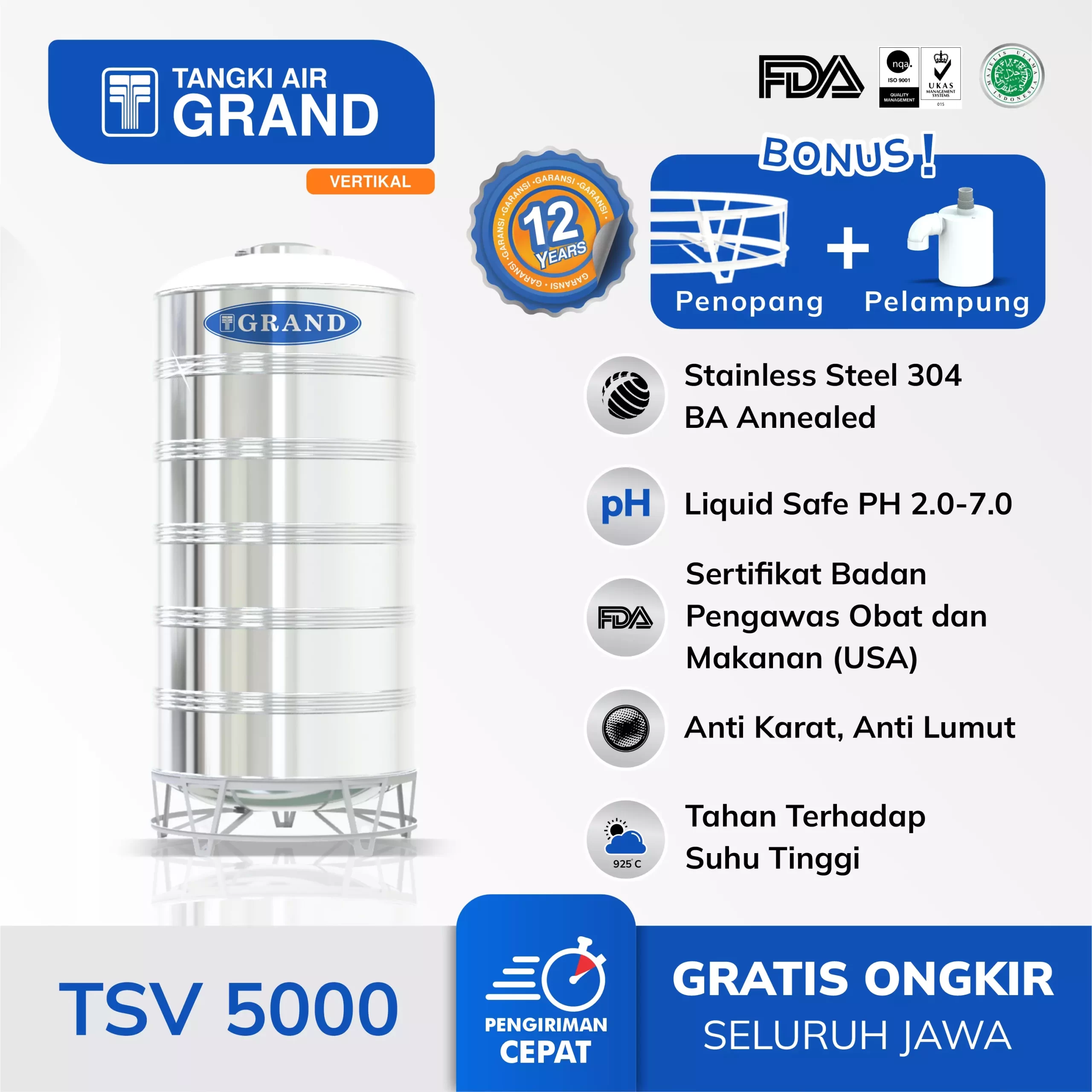 Tandon Tangki Toren Air Stainless Steel Vertical Grand