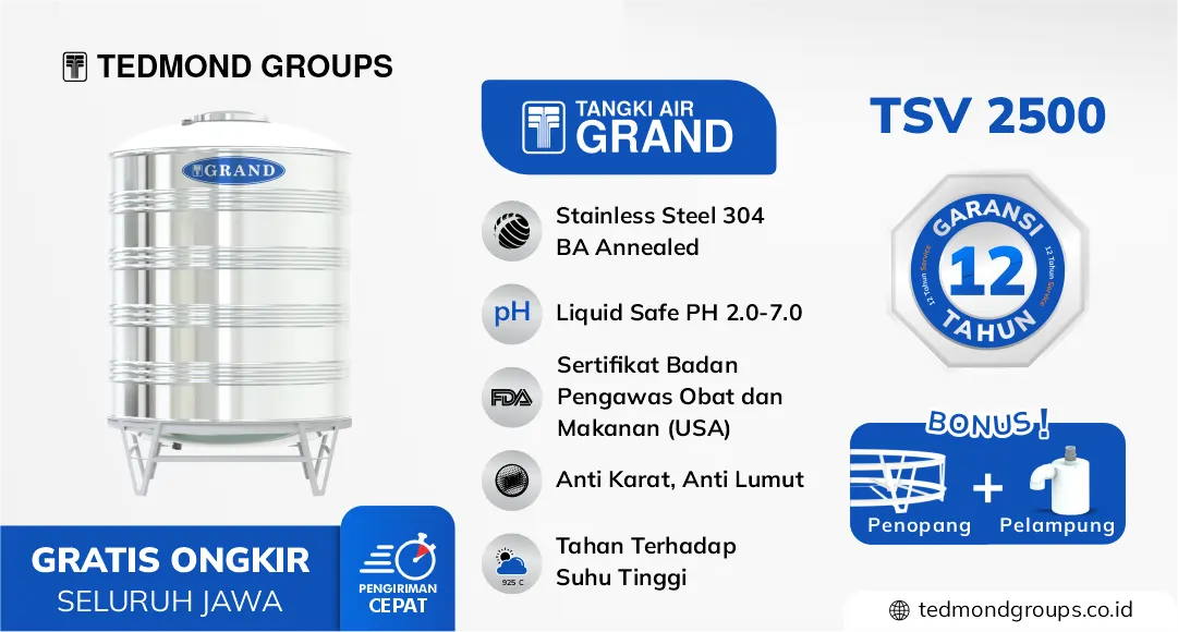 Bentuk Tangki Air Stainless Grand 2000 Liter Vertikal