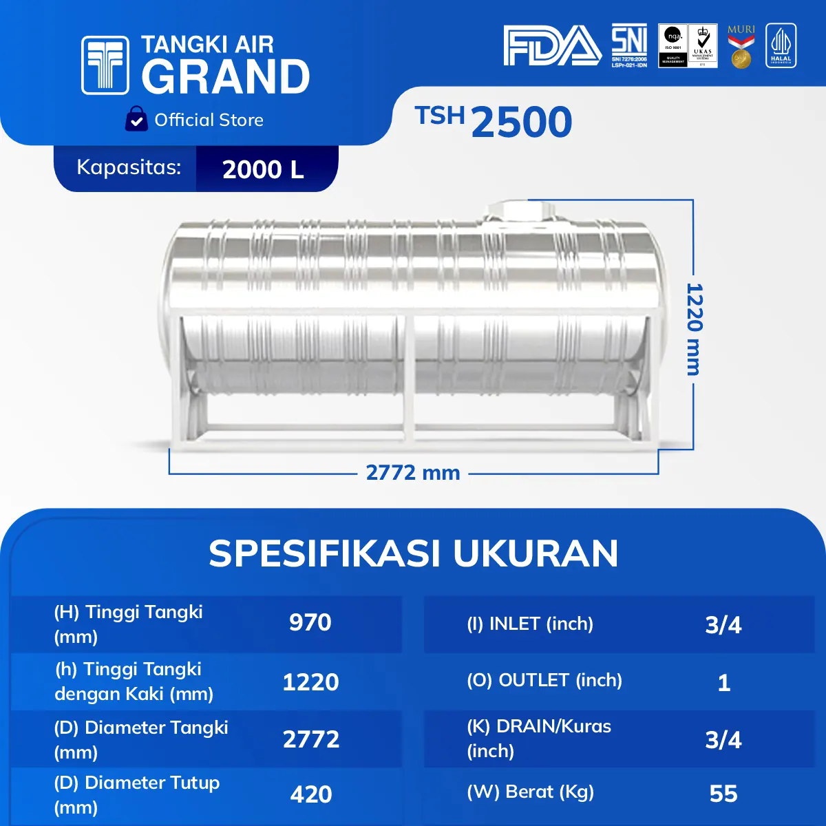 Spesifikasi Tangki Air Stainless Grand 2000 Liter Horizontal