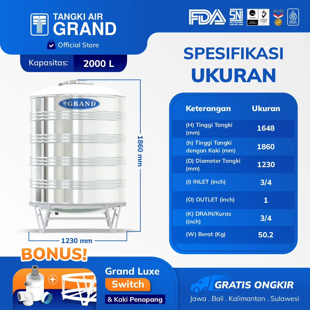 Spesifikasi Tangki Air Stainless Grand 2000 Liter Vertikal