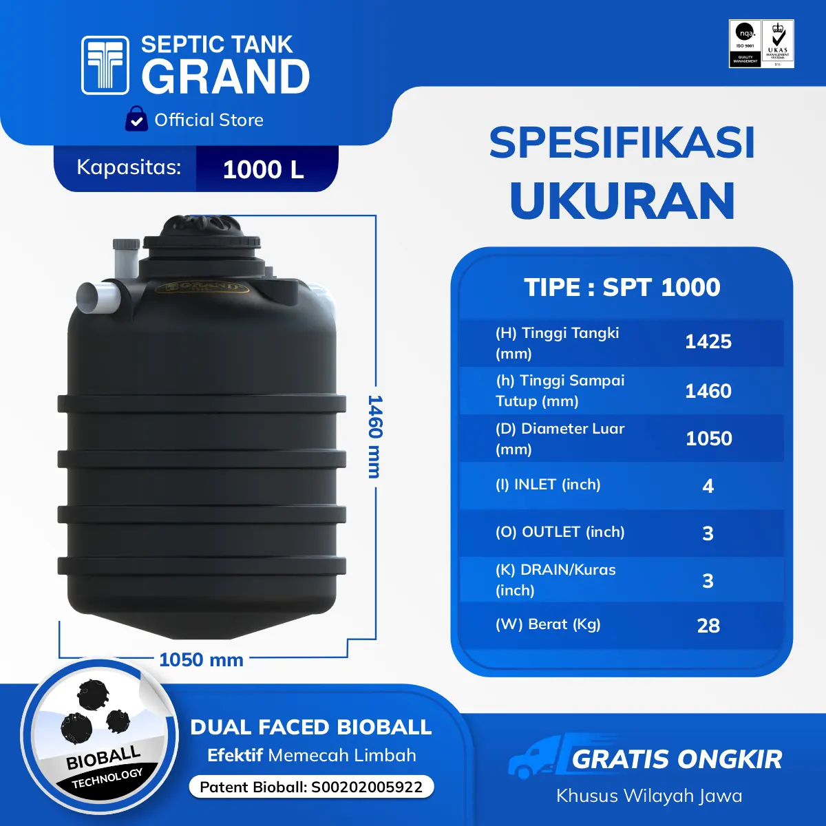 Ukuran Septic Tank Grand 1000 Liter