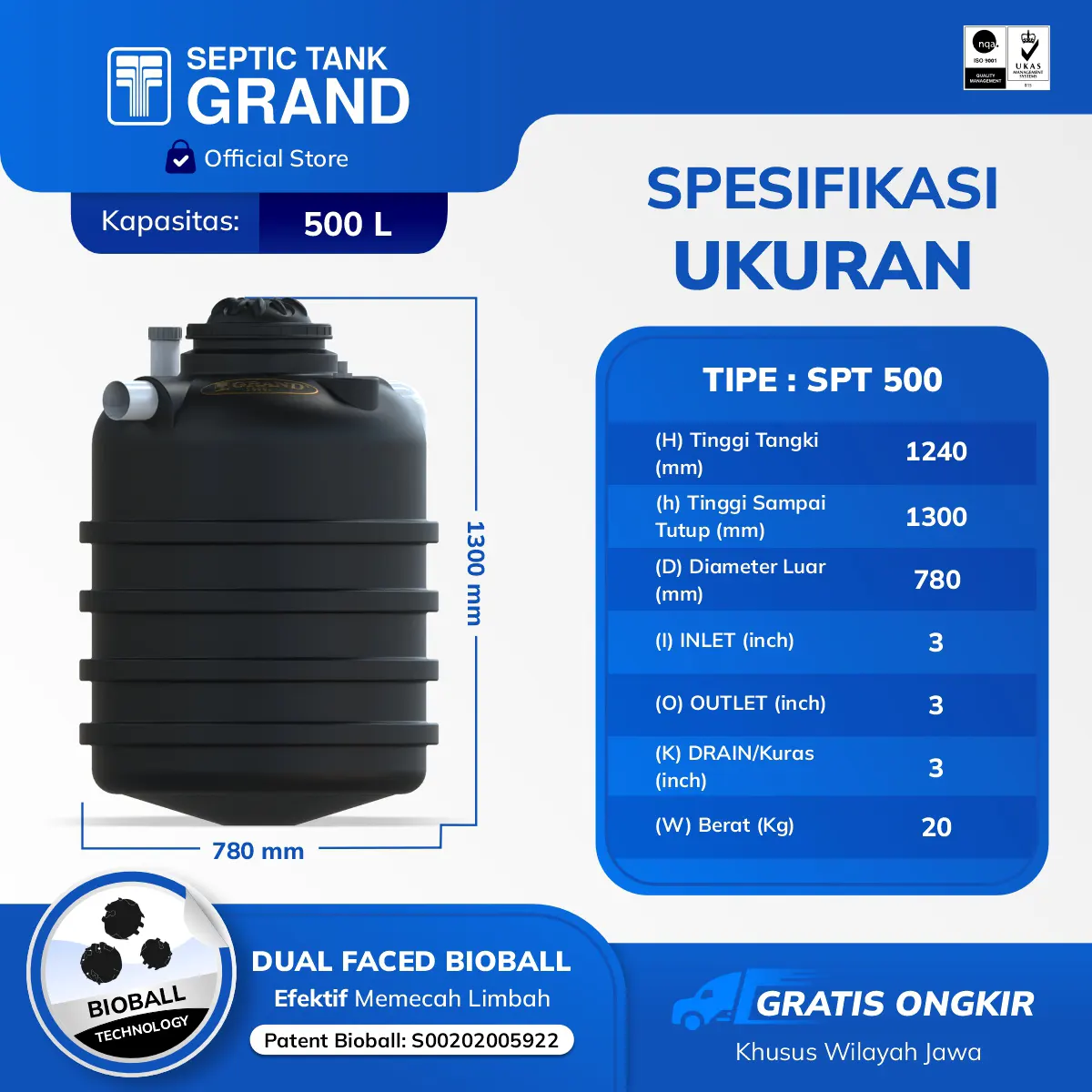 Ukuran Septic Tank Grand 500 Liter