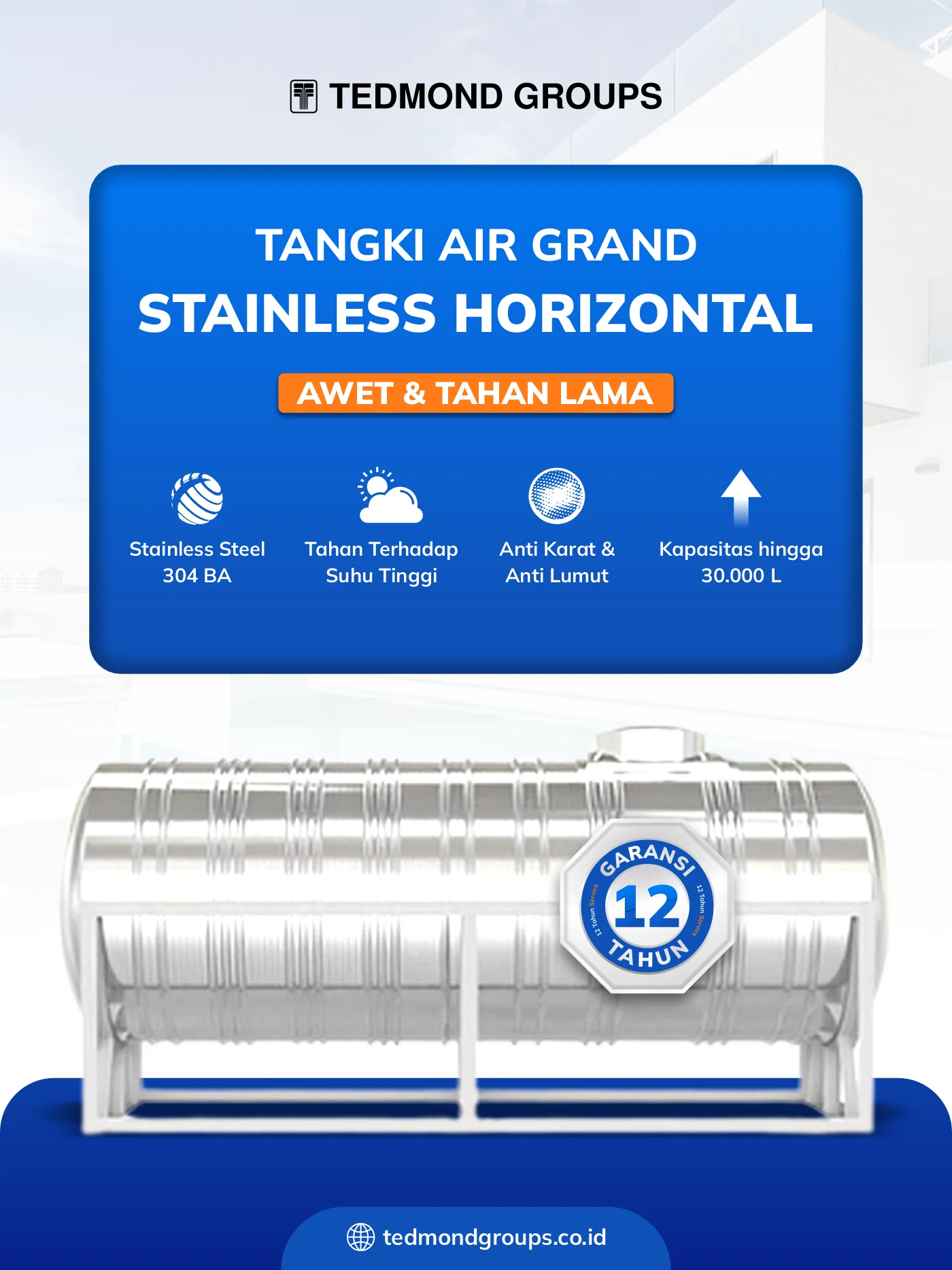 Tangki Air Stainless Horizontal Grand, Awet Dan Tahan Lama