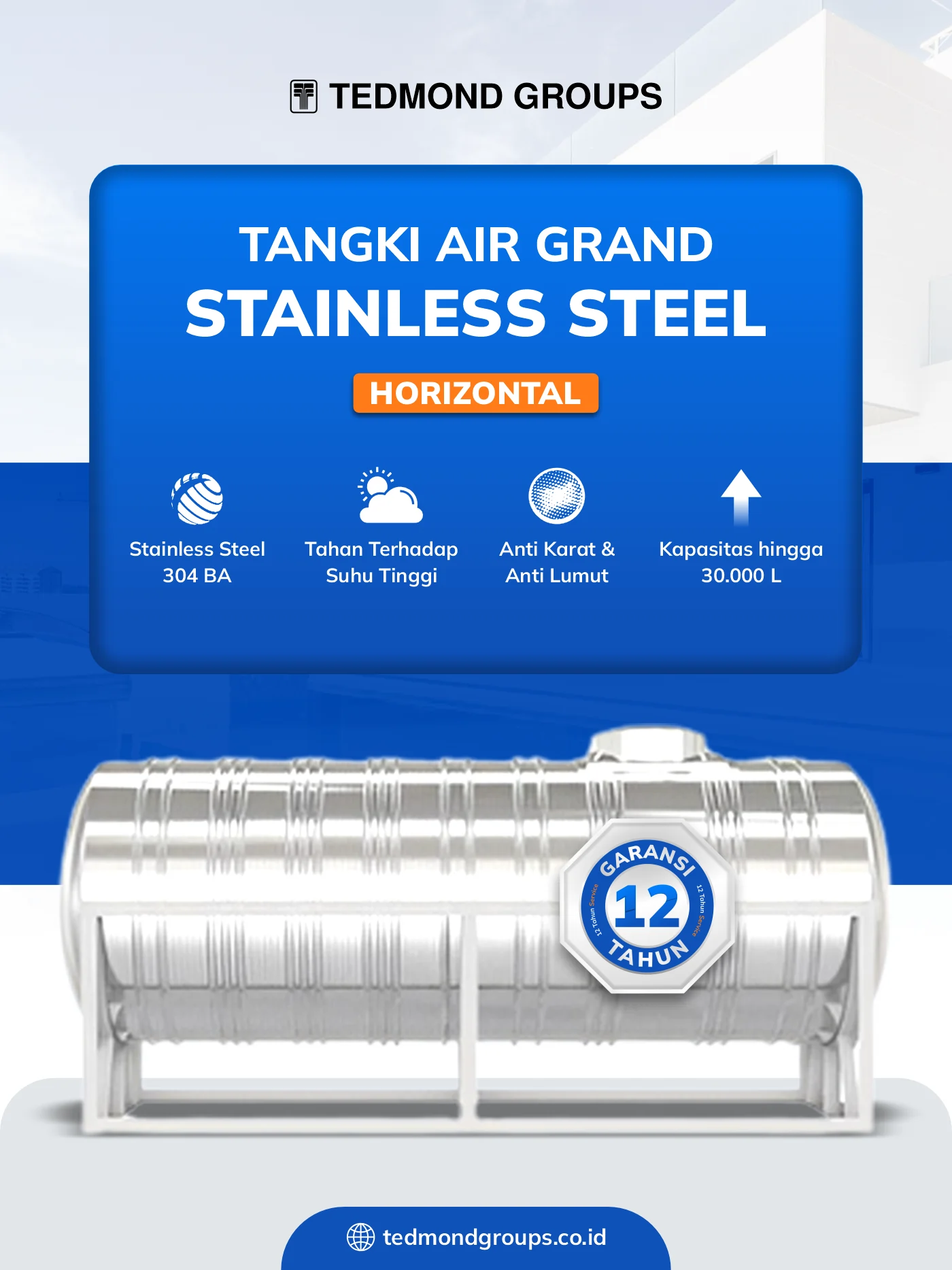 Tangki air stainless horizontal grand anti karat dengan harga terjangkau