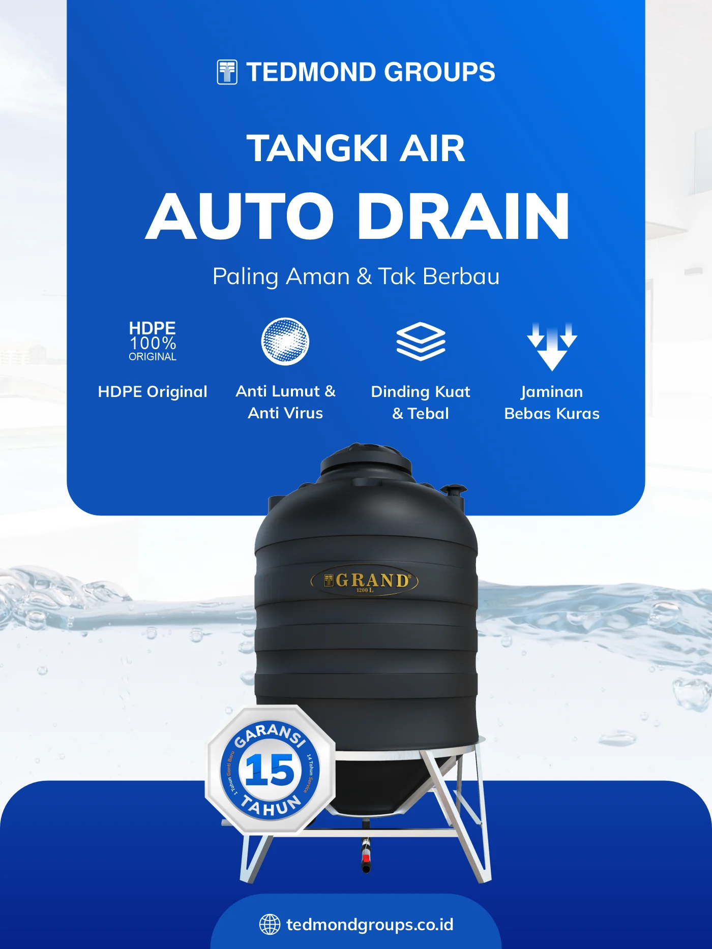 Tangki air auto drain grand, air aman tak berbau