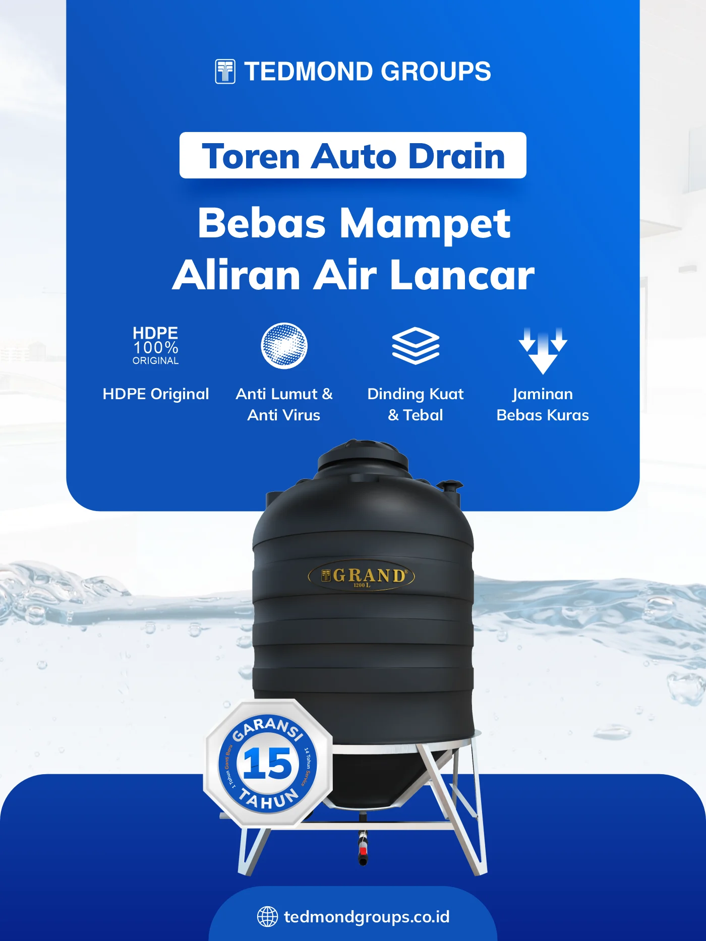 Toren air auto drain grand, bebas mampet aliran air lancar