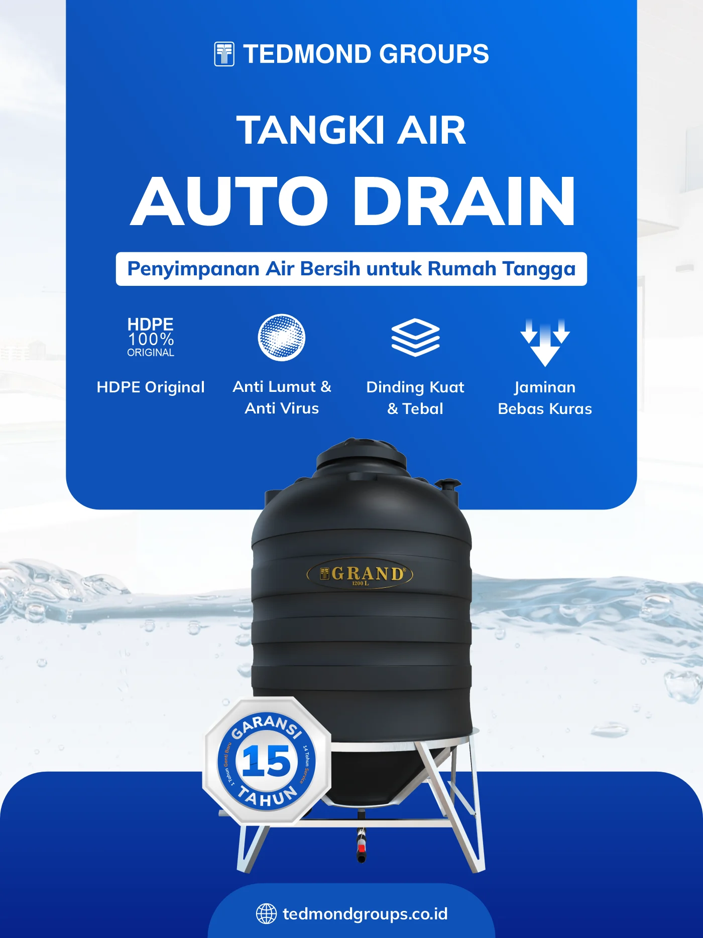 Tangki air auto drain grand, penyimpanan air bersih untuk rumah tangga