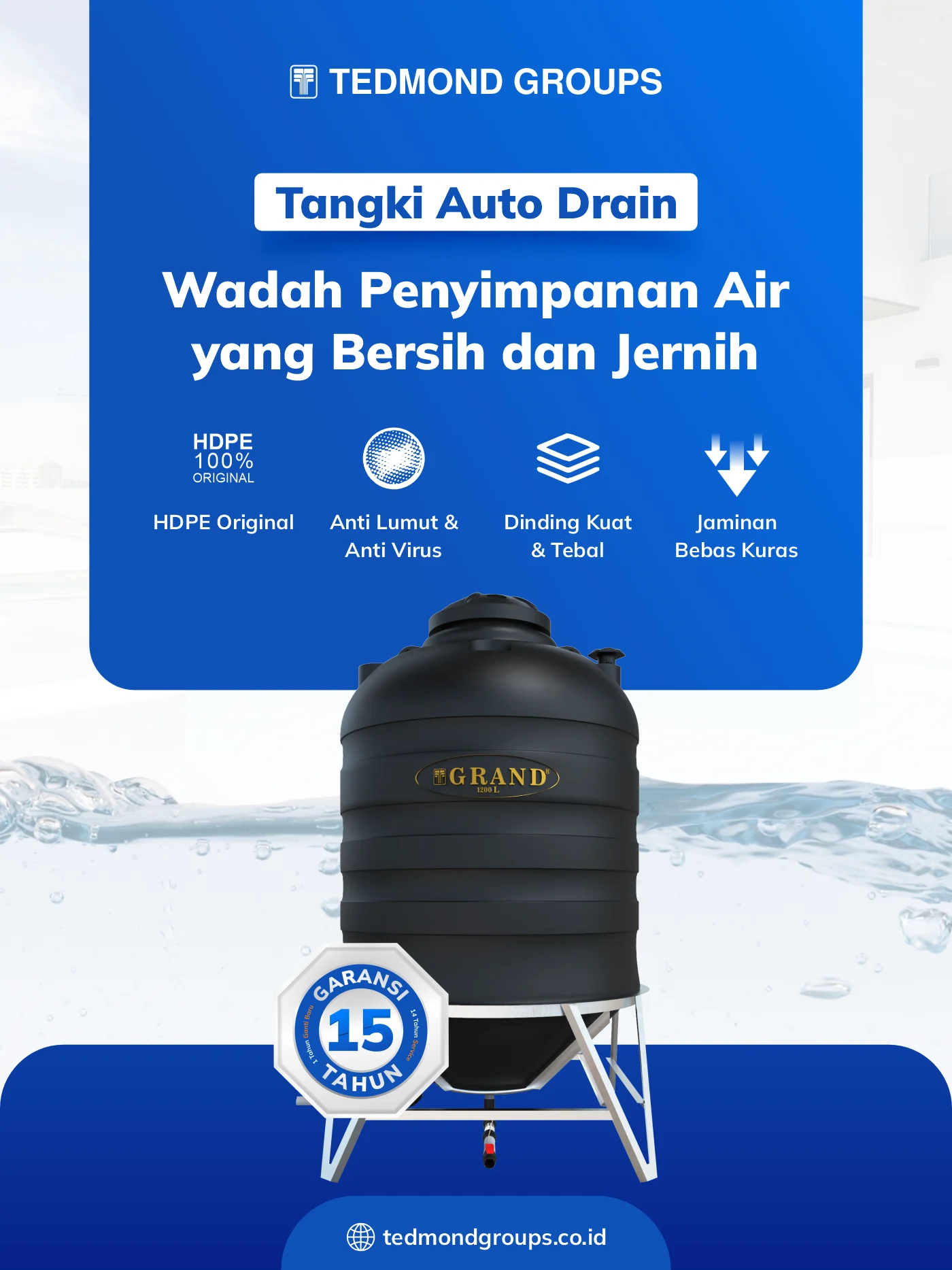 Tangki air auto drain grand, wadah penyimpanan air yang bersih dan jernih