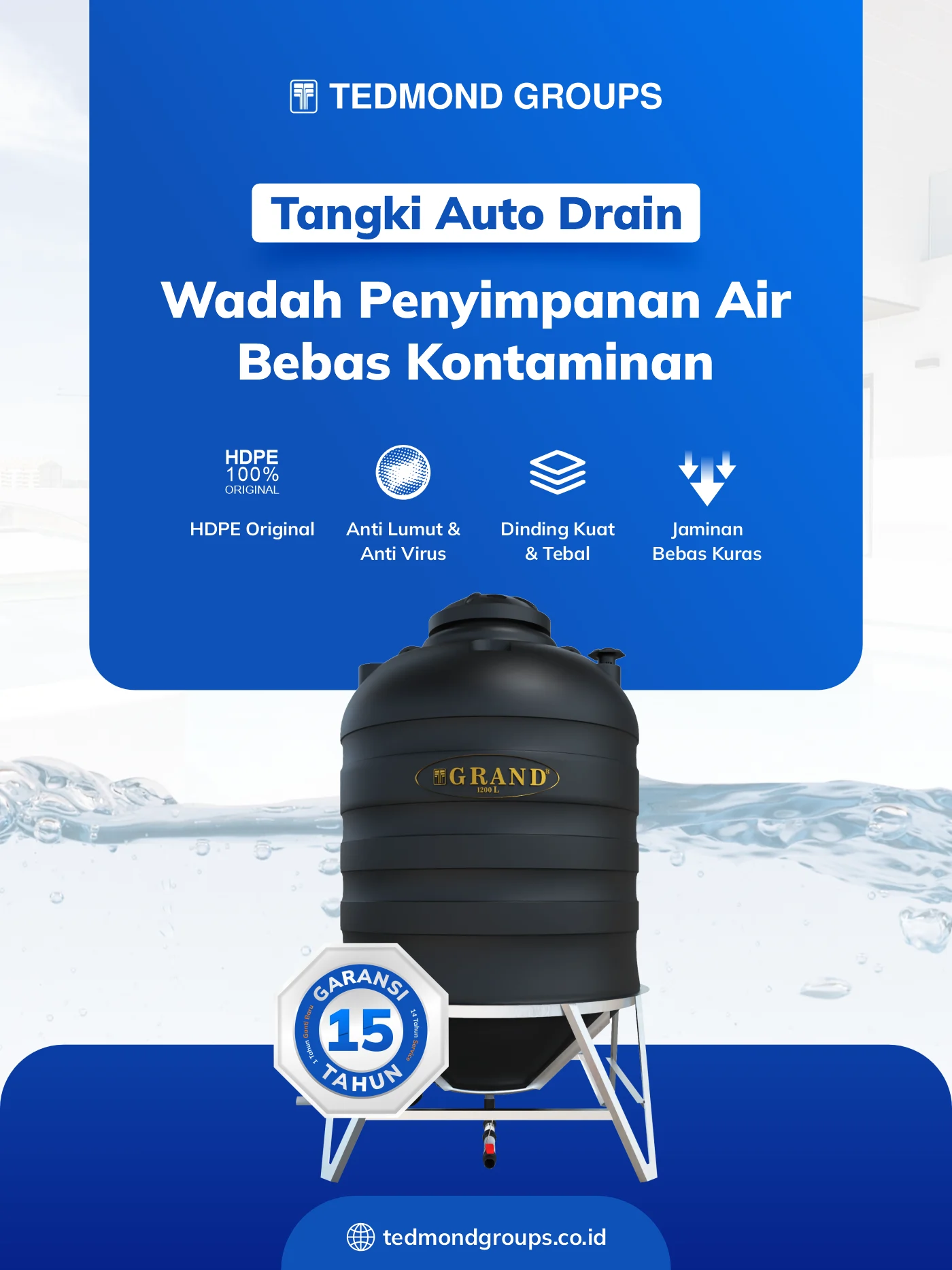 Tangki air auto drain grand, wadah penyimpanan air bebas kontaminan