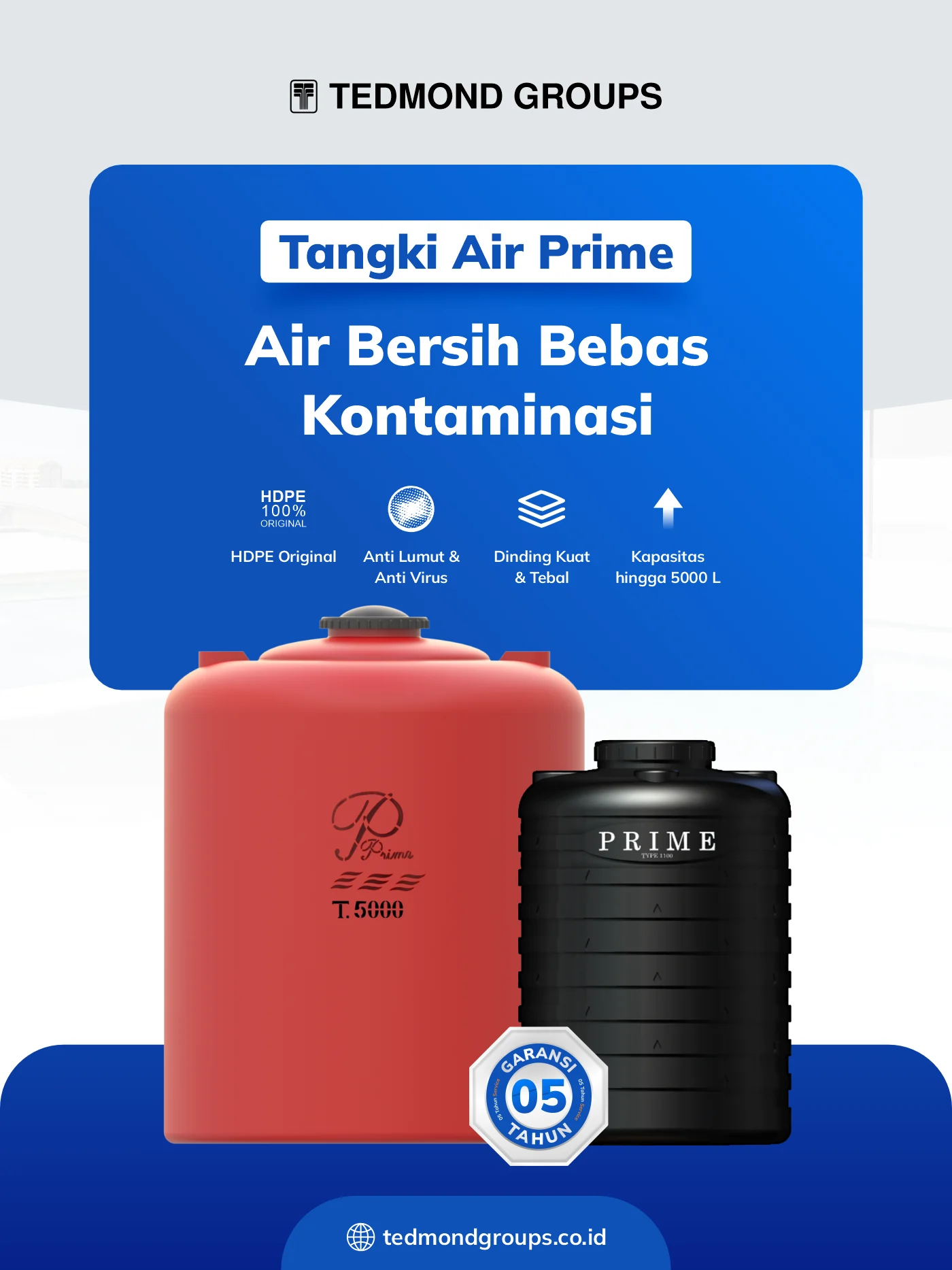 Tangki air prime, air bersih bebas kontaminasi