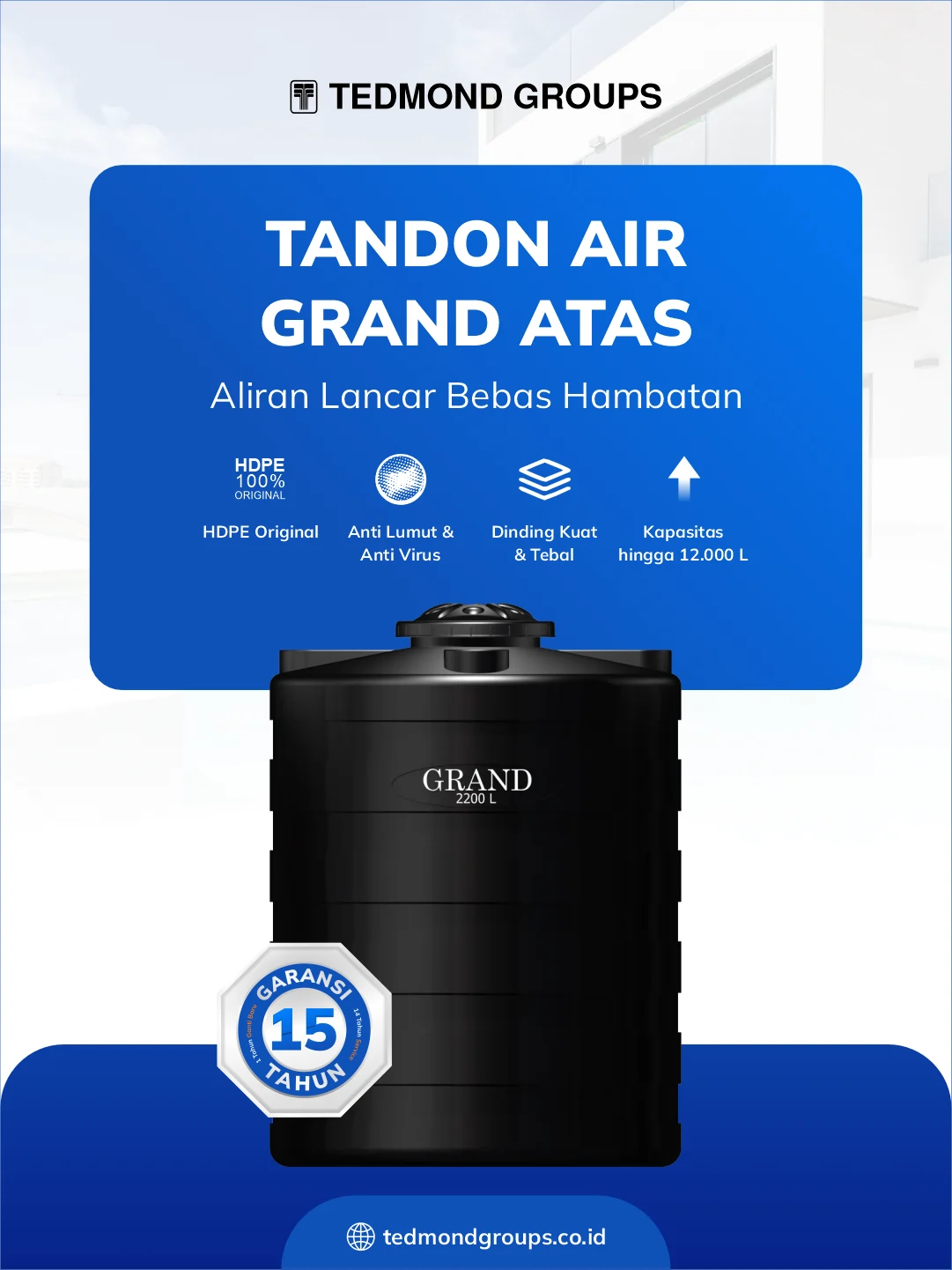 Tandon air grand atas, aliran lancar bebas hambatan