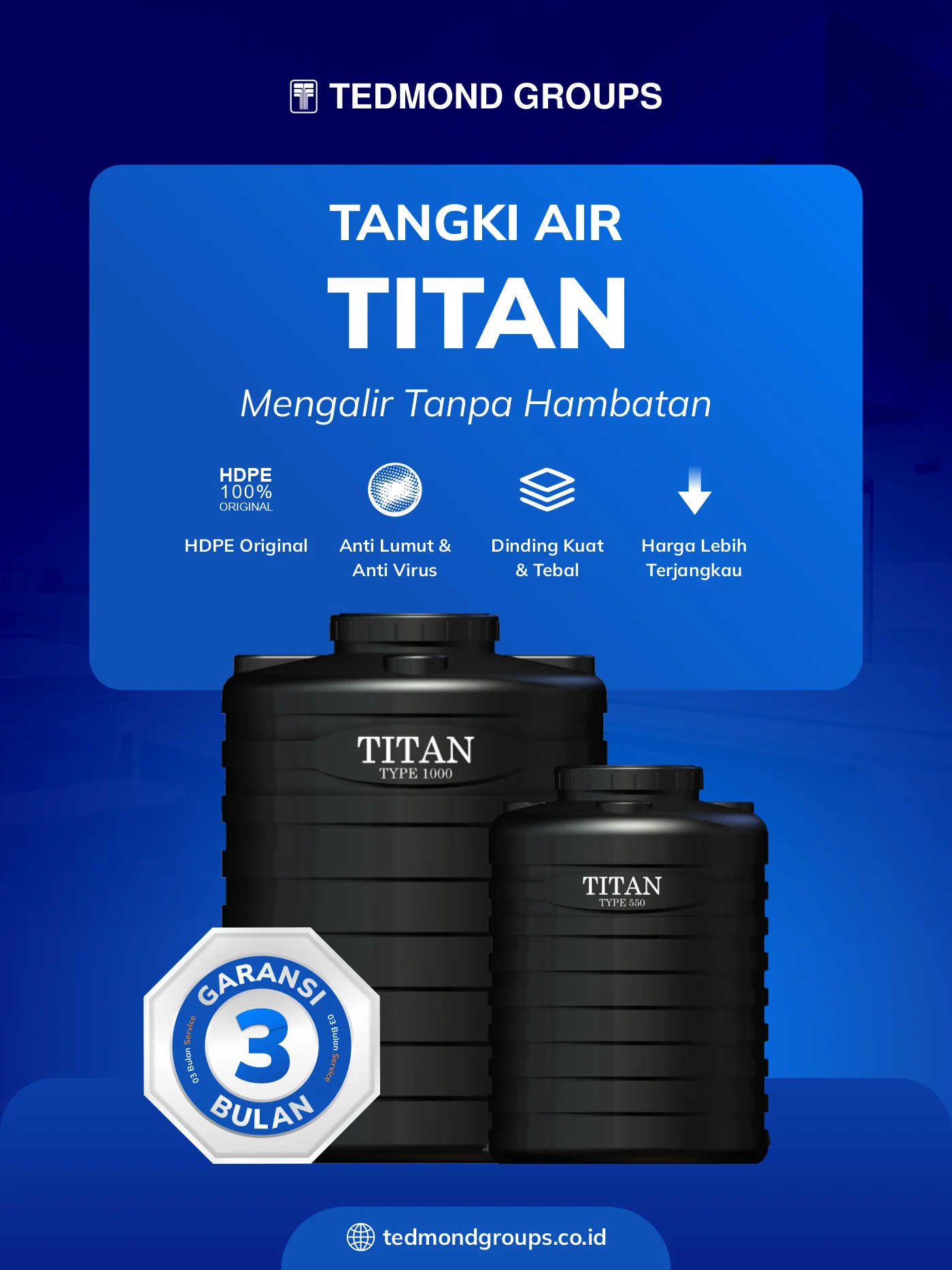 Tangki air titan, air mengalir tanpa hambatan