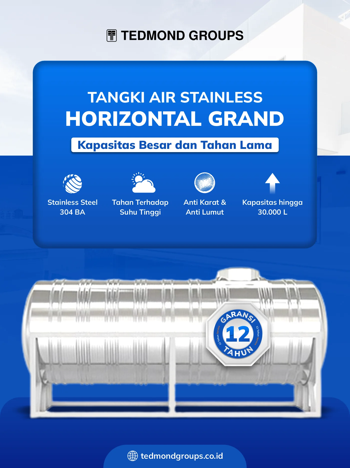 Tangki air stainless horizontal grand, kapasitas besar dan tahan lama