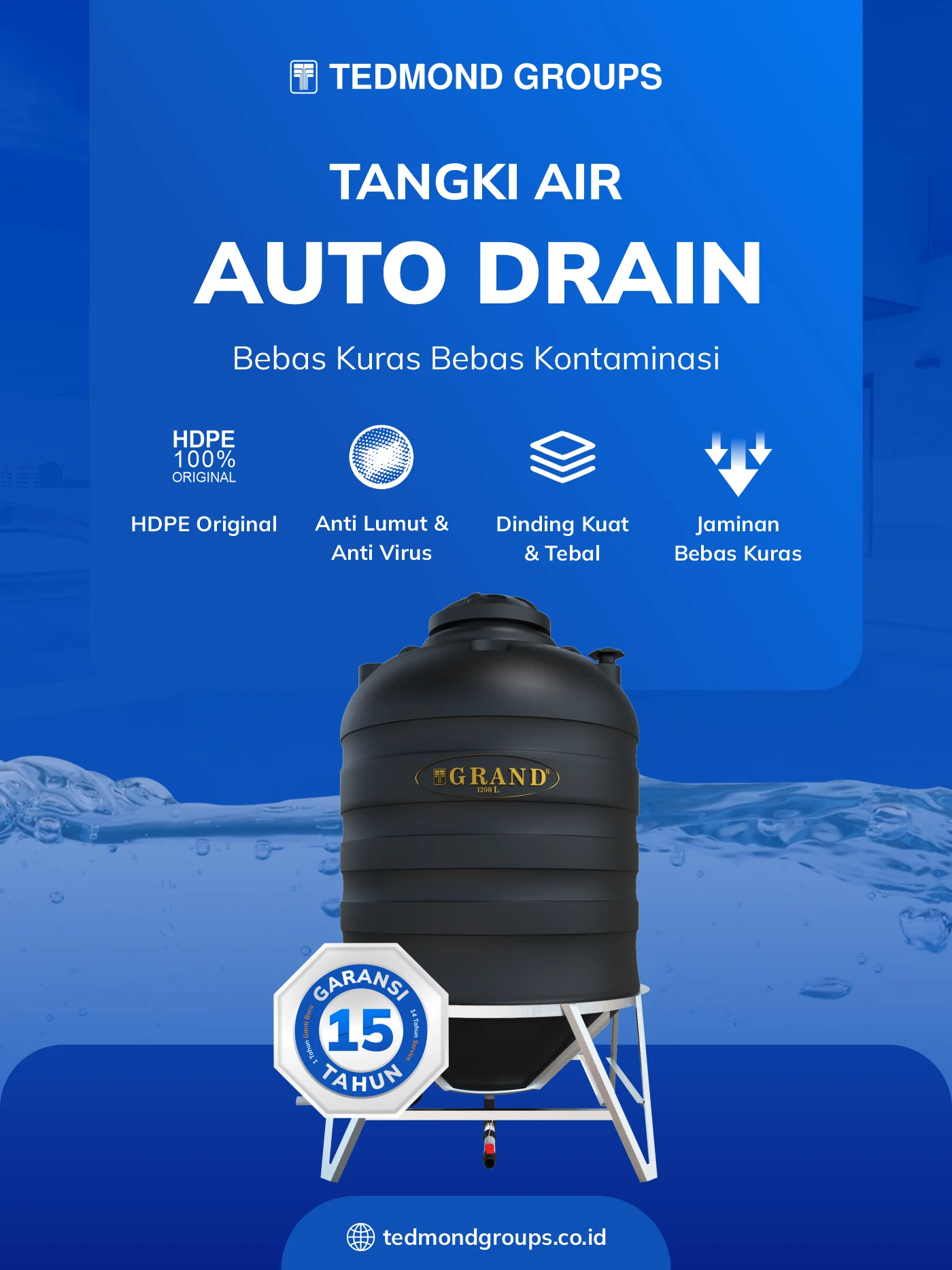Tangki air auto drain grand, bebas kuras bebas kontaminasi