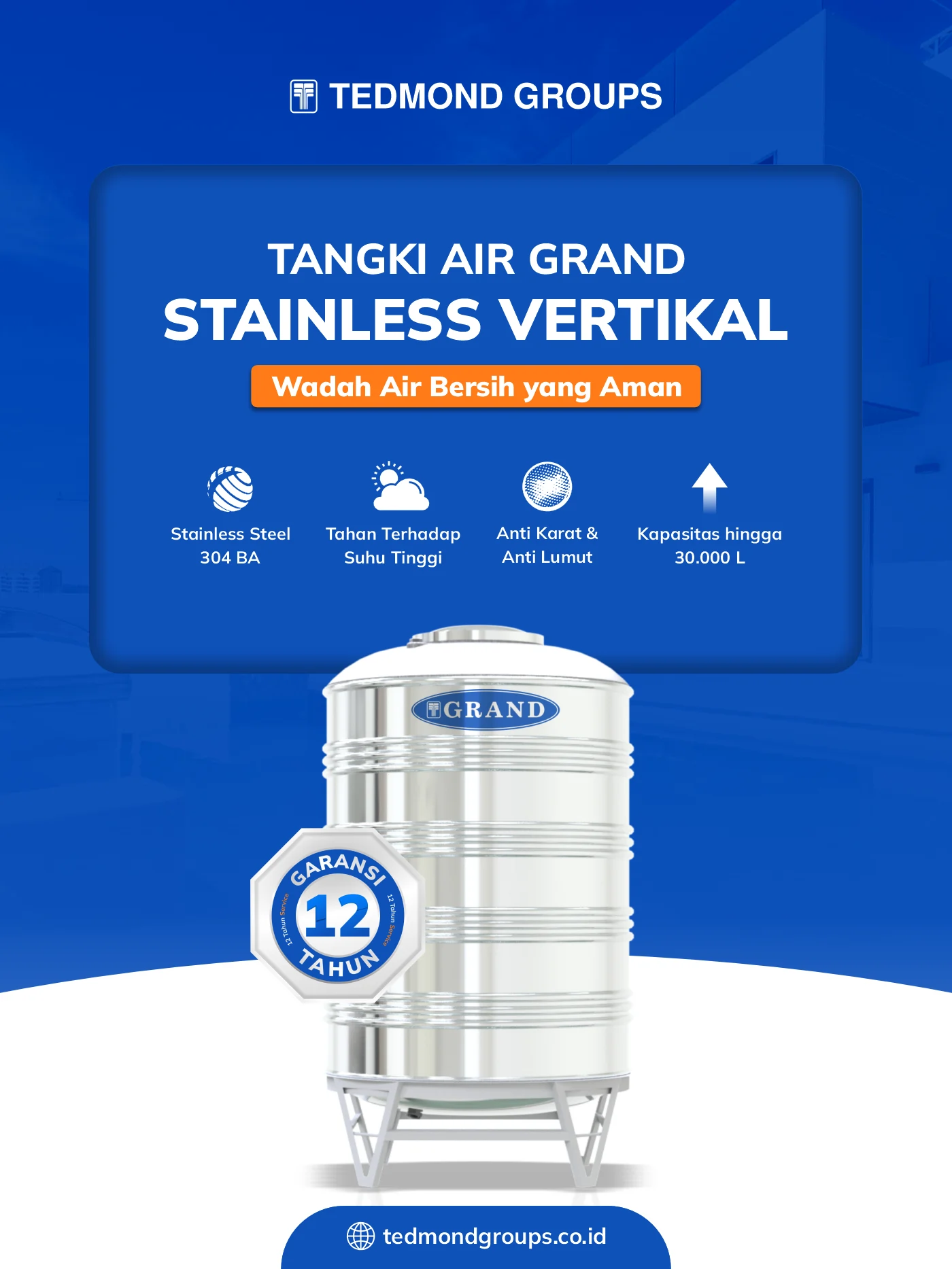 Tangki air stainless vertikal grand, wadah air bersih yang aman