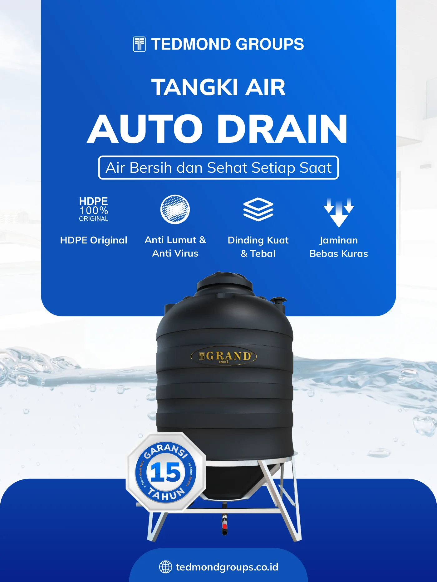 Tangki air auto drain grand, air bersih dan sehat setiap saat