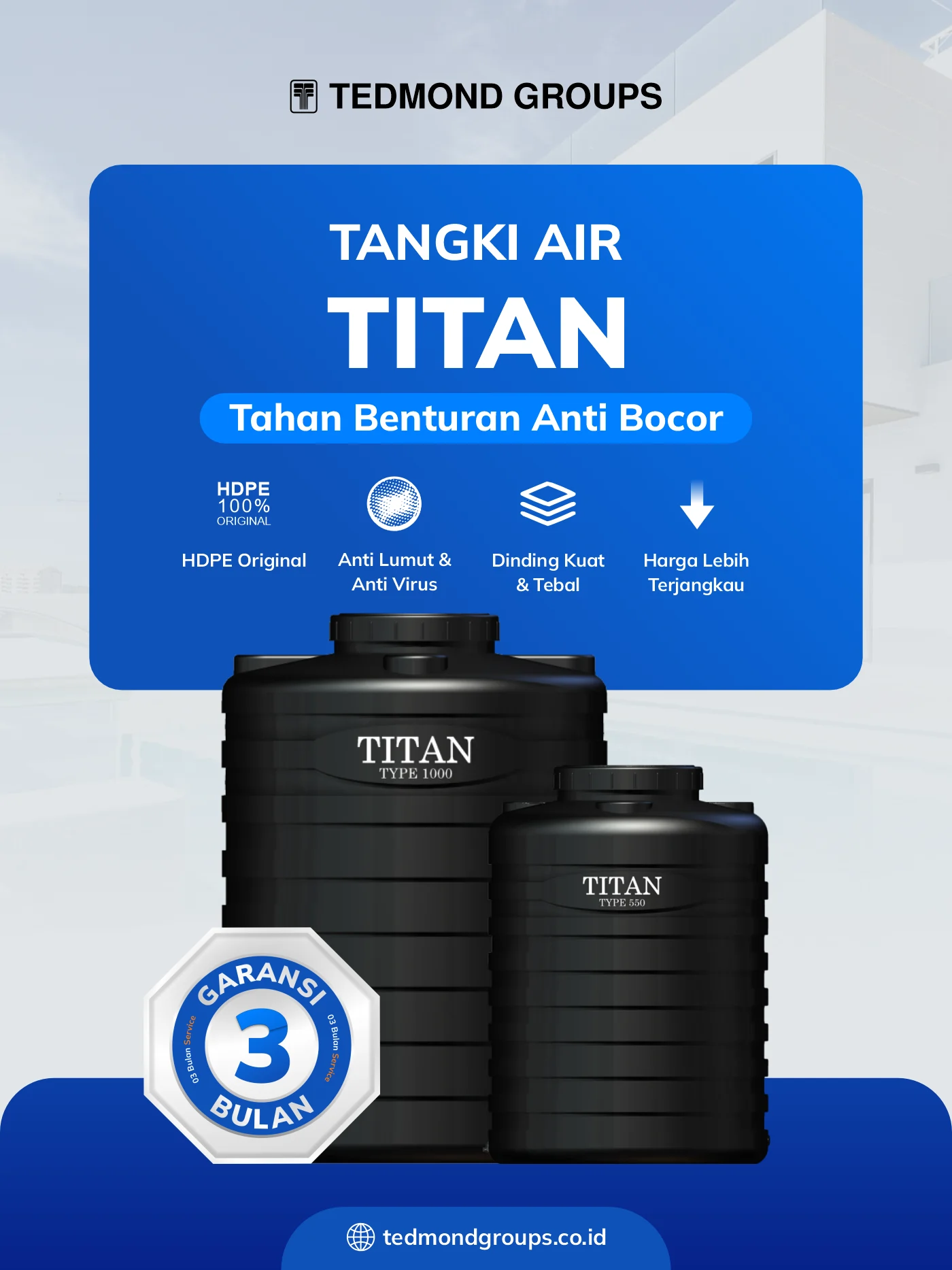 Toren air titan, tahan benturan anti bocor