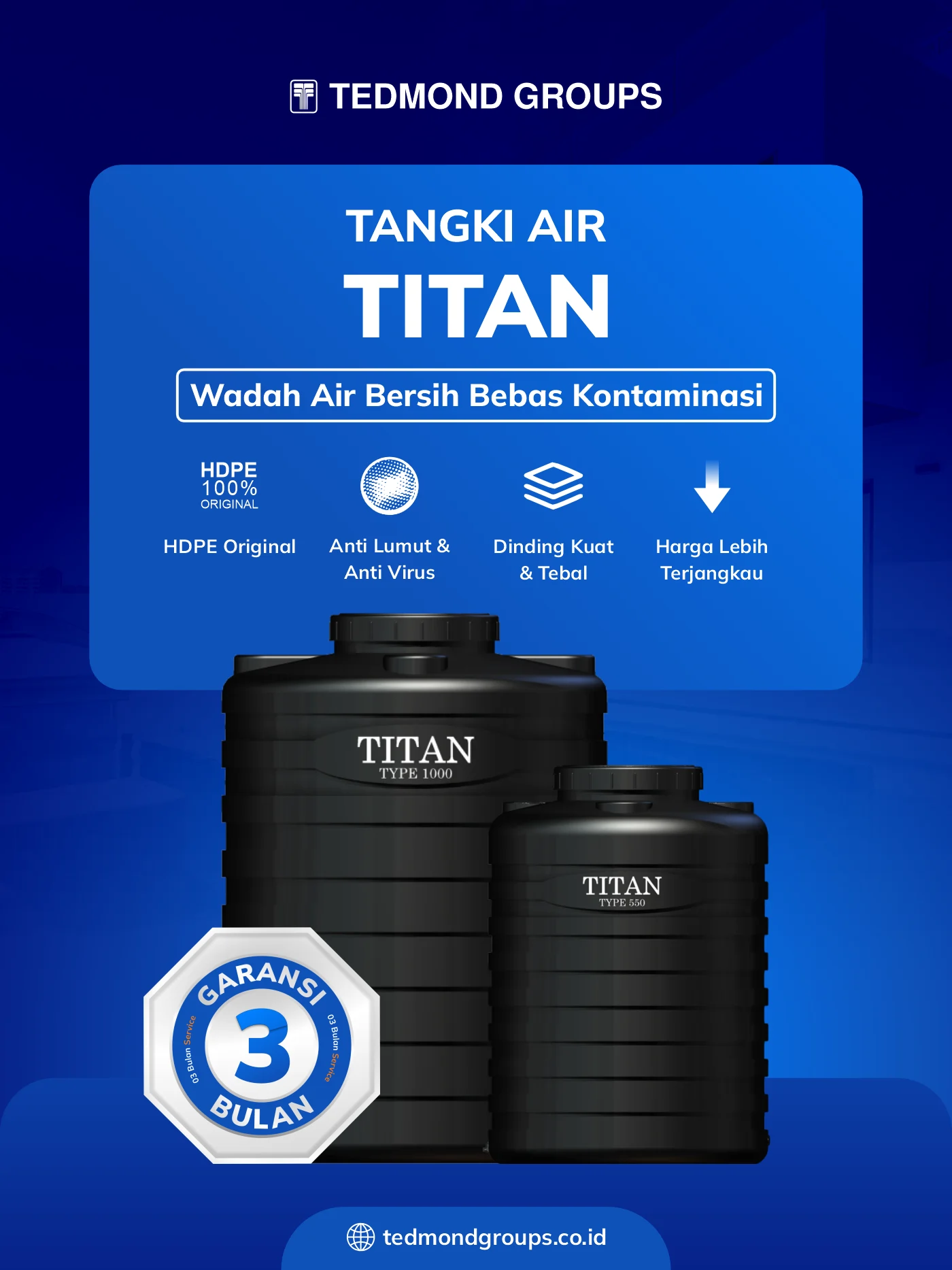 Tangki air titan, wadah air bersih bebas kontaminasi