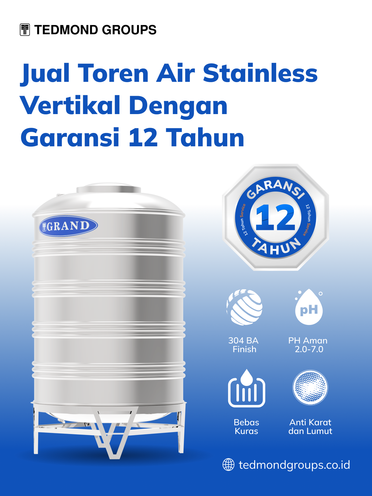 Jual Toren Air Stainless Vertikal dengan Garansi 12 Tahun