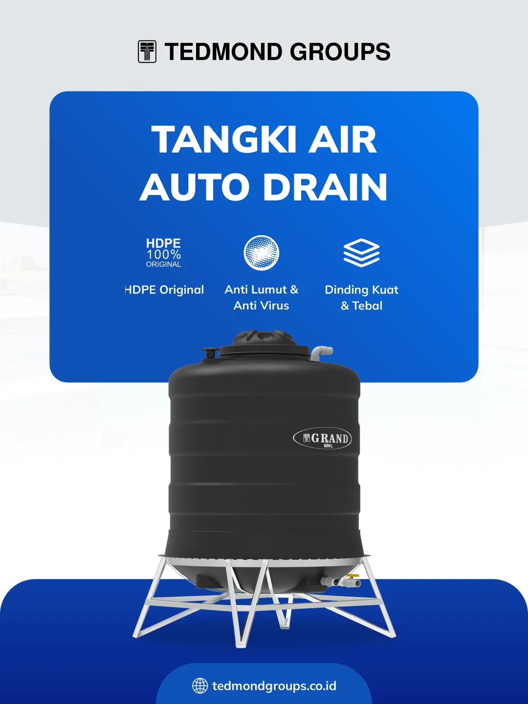 Spesifikasi dan Dimensi dari Toren Air Auto Drain Grand