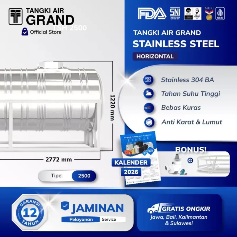 Tangki Toren Tandon Air Stainless Steel Horizontal Grand - 2000