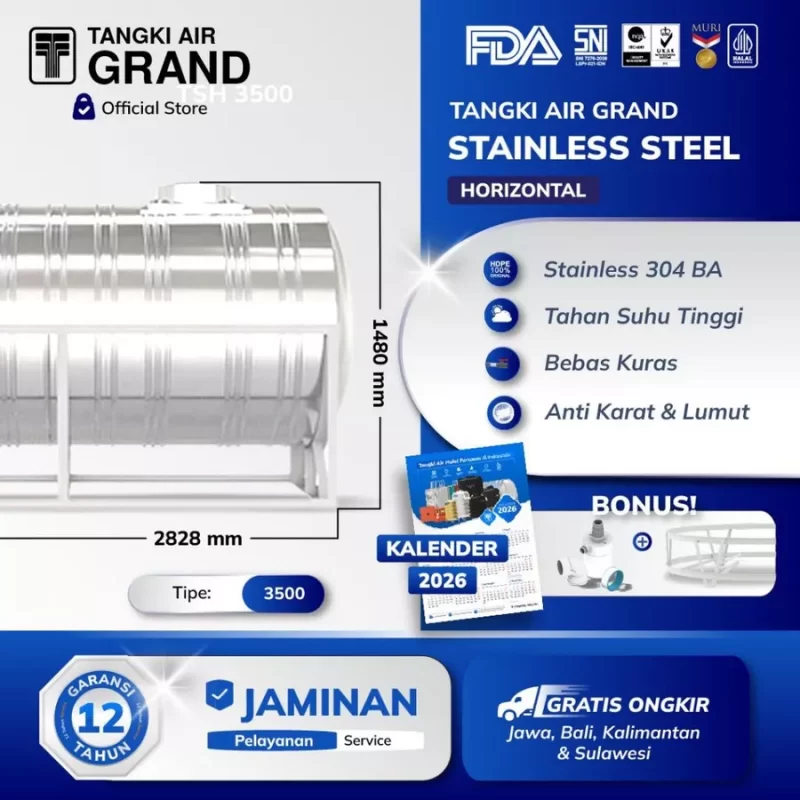 Tangki Toren Tandon Air Stainless Steel Horizontal Grand - 3300