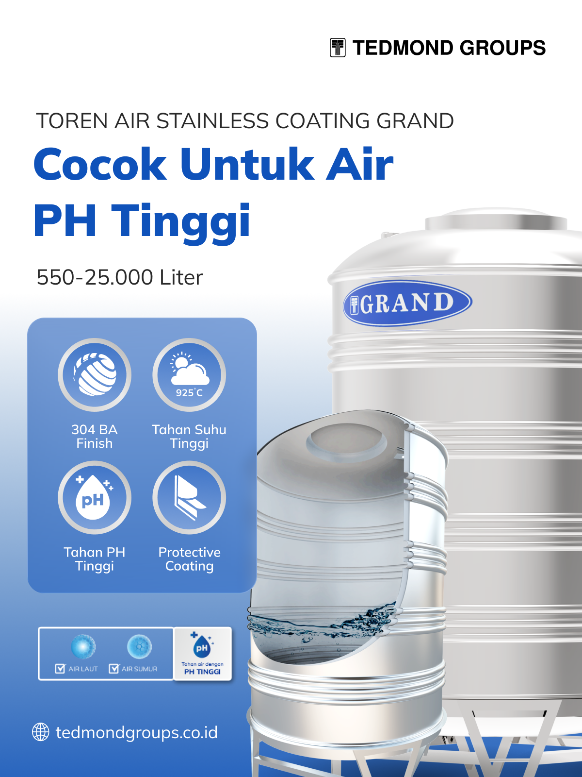 Toren Air Stainless Coating Grand, Cocok untuk Air pH Tinggi