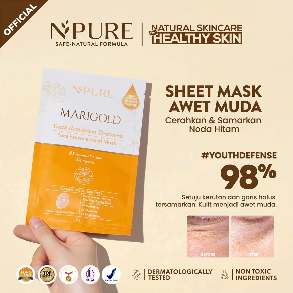 NPURE Marigold Sheet Mask untuk Awet Muda Glowing dan Hydrating