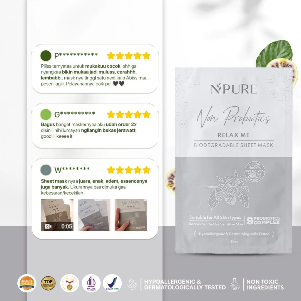 NPURE Noni Sheet Mask untuk Kulit Sensitif Kemerahan Ceramide 6